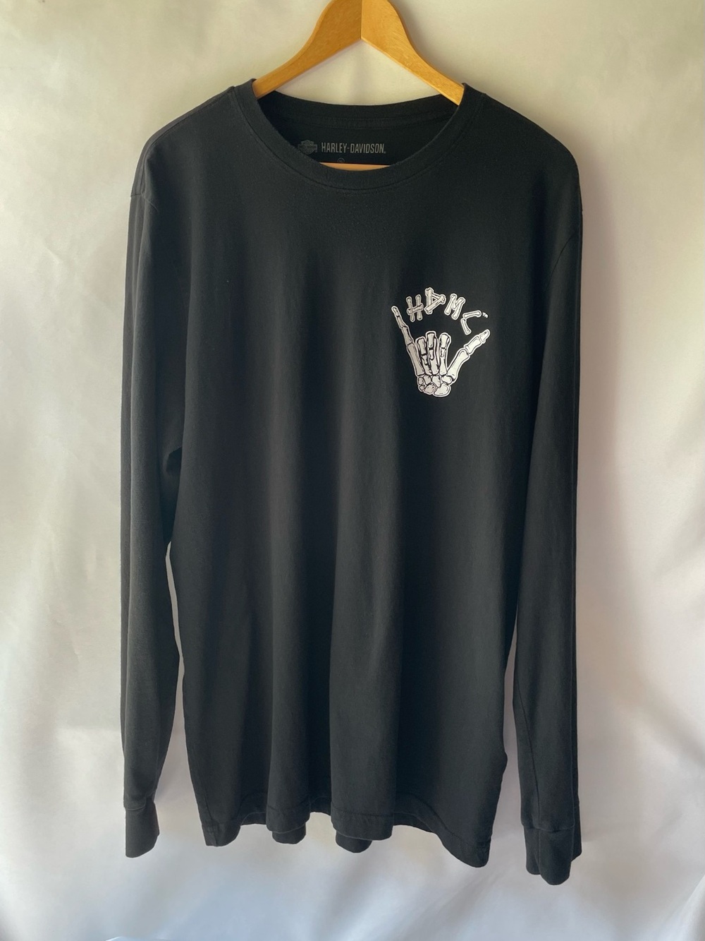 Harley-Davidson Black Long Sleeve Tee with White Skeleton Hand Graphic